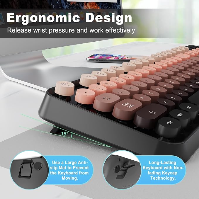 Wireless Keyboard and Mouse Combo, 104 Round Keys Cute Colorful Keyboard and
