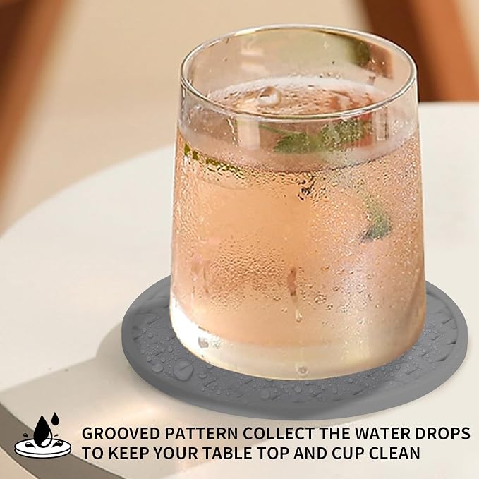 Gray Silicone Coasters with Holder, 4 Inch Non-Slip Drink Coasters Set of 6 |