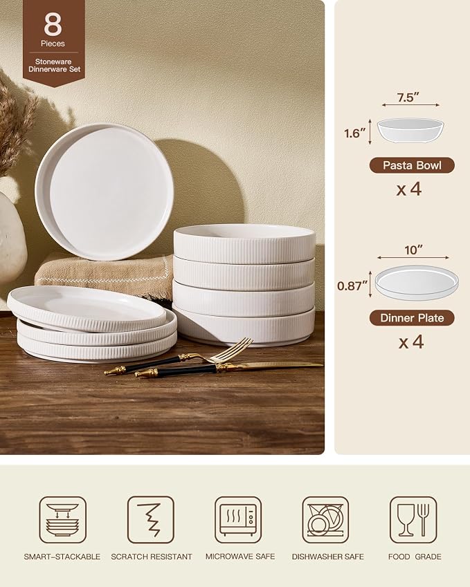 Stoneware Dinnerware Set for 4, 8-Piece Wide Pasta Bowls and Salad Plates |