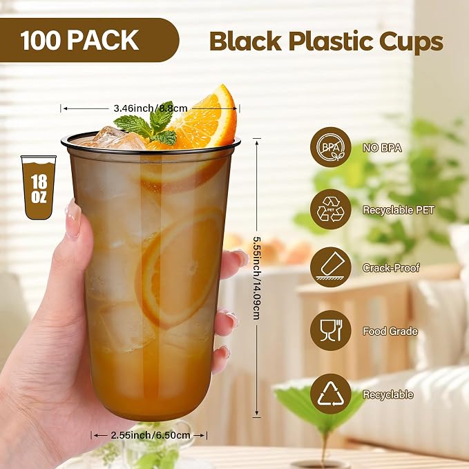 KesaPlan 100 Pcs 18oz Plastic Black Cups, Disposable Wine Cocktail Glasses |
