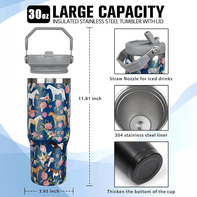 30 oz Horse Tumbler with Handle and Flip Straw, Vacuum Insulated Water Bottle