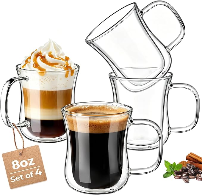 ecooe 8 Oz Double Walled Glass Coffee Cups Latte Cappuccino Cups Set of 4