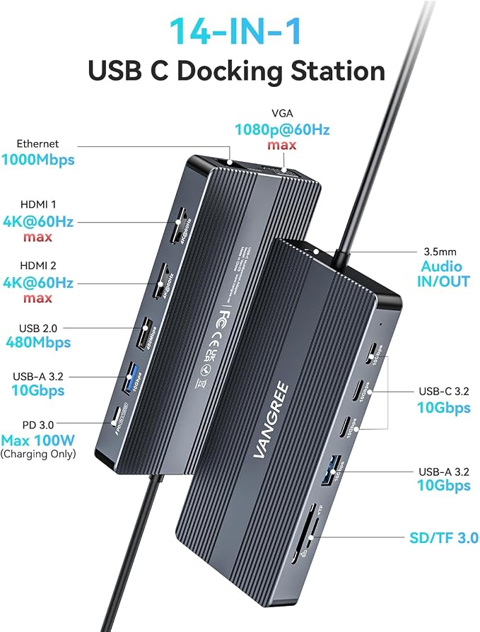 USB C Docking Station, 14 in 1 USB C Hub Multiport Adapter, Triple Display 3