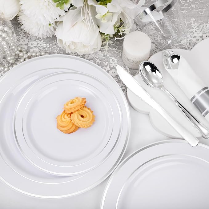 WELLIFE 210 Piece Silver Plastic Dinnerware Set