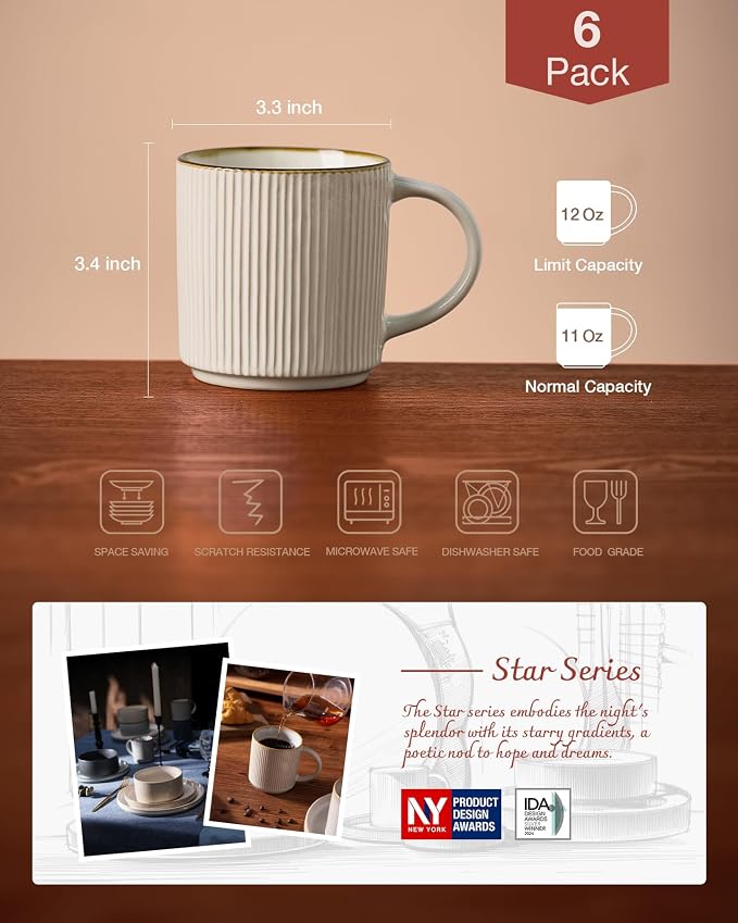 famiware Coffee Mug Set for 6, Star 12 oz Catering Mugs Cup Set