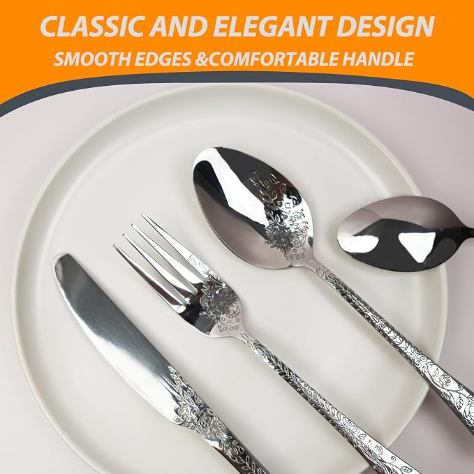 Runfly Modern Carved Floral Silver Stainless Steel 20-Piece Flatware Set |