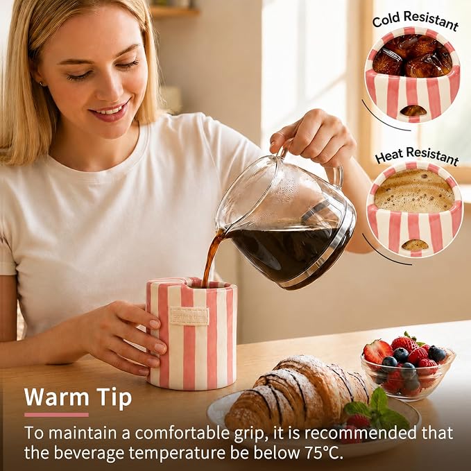 Ceramic Coffee Mug with Sip Hole, 12oz Striped Ceramic To Go Coffee Cup