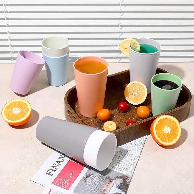 HEYCOME Set of 16 Wheat Straw Cups, Reusable Plastic Cups Sets, Water Glasses
