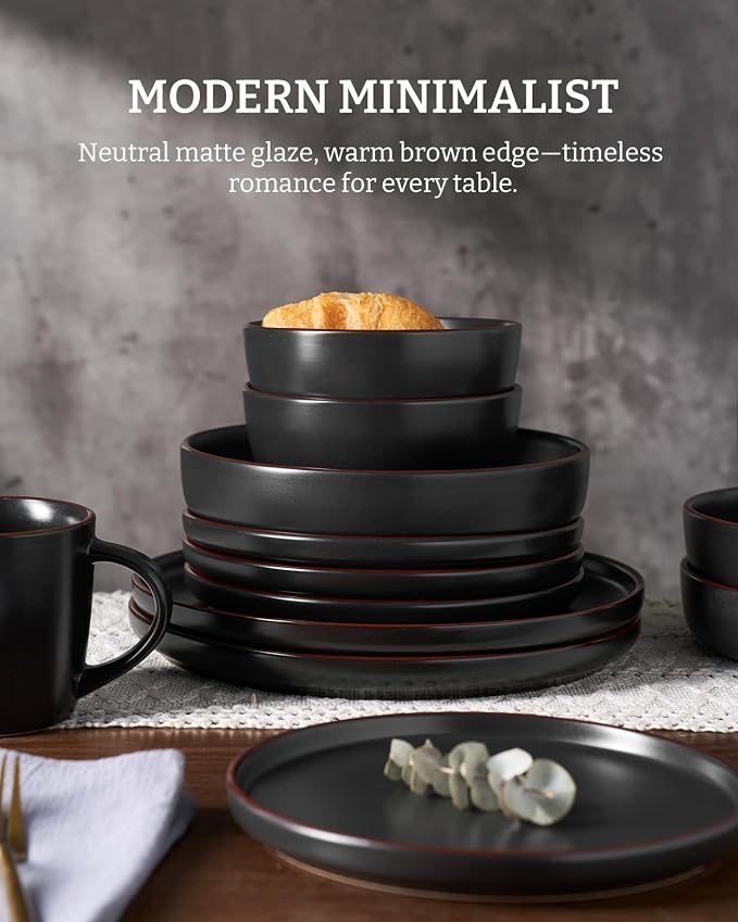 Famiware Mercury 18-Piece Stoneware Dinnerware Set, Matte Black | Plates and