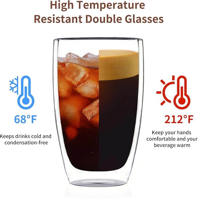 MESNEY 17oz Double Walled Glass Coffee Mugs, Glass Coffee Mugs Set of 2