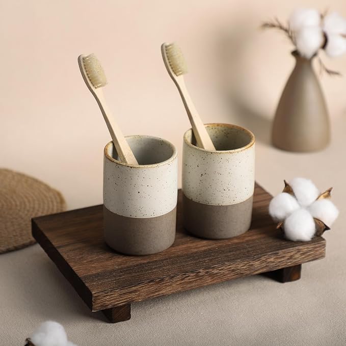 Gaolinci 2 Pcs Vintage Stoneware Style Ceramic Mouthwash Cups, Bathroom
