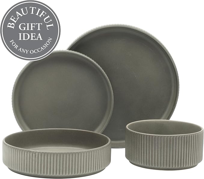 Gibson Elite Deerfield 16-Piece Stoneware Dinnerware Set – Soft Grey Reactive