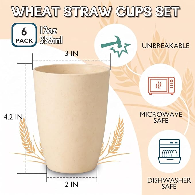 Wrova Wheat Straw Cups 6 PCS Good Alternative to Plastic Reusable Cups 12 oz