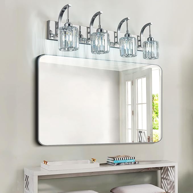 4-Light Crystal Vanity Light, Modern Chrome Bathroom Wall Sconce