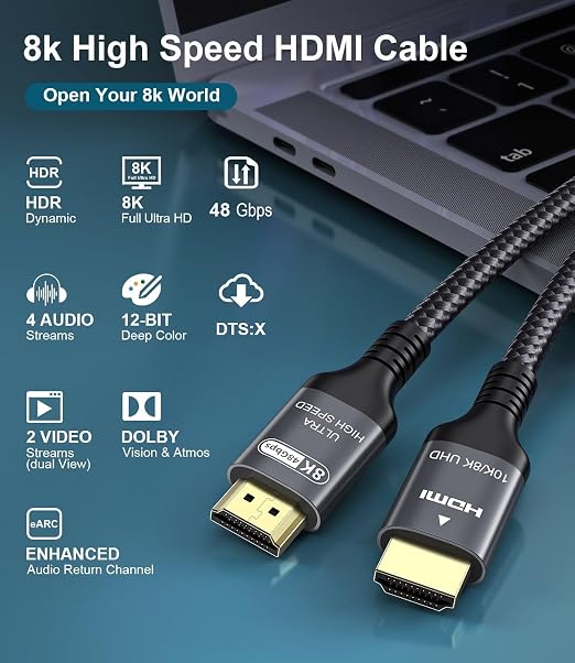 Certified 10K 8K HDMI 2.1 Cable 3.3 FT, 48Gbps Ultra High Speed HDMI Cable