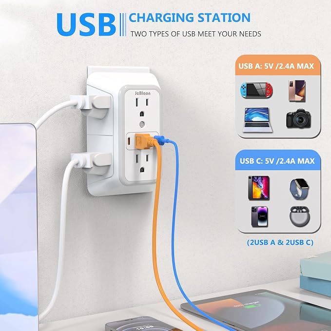 2 Pack Wall Charger, Surge Protector 6 Outlet Extender Multi Plug Wall Outlets