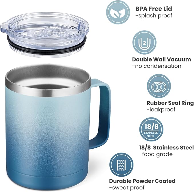 MEWAY 12oz Coffee Mug With Handle and Sliding Lid, Stainless Steel Travel