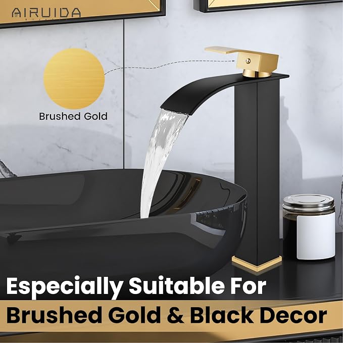 Waterfall Bathroom Tall Vessel Faucet Matte Black&Brushed Gold Vanity