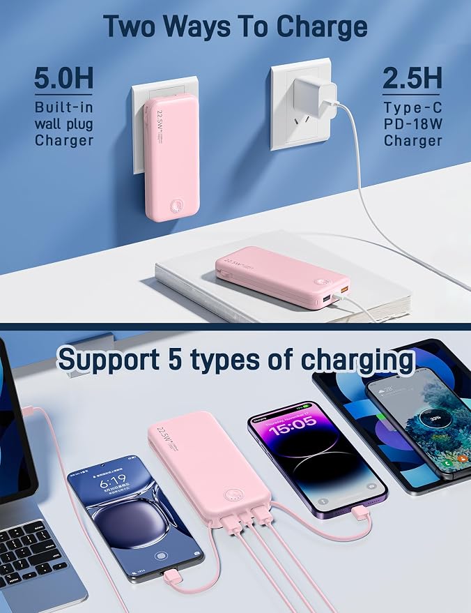 Portable Charger with Built in Cable and AC Wall Plug, USB C Power Bank