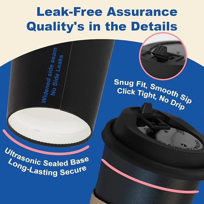 20 oz 50 Pack Coffee Cups with Lids and Sleeves, Hot Disposable To Go Travel