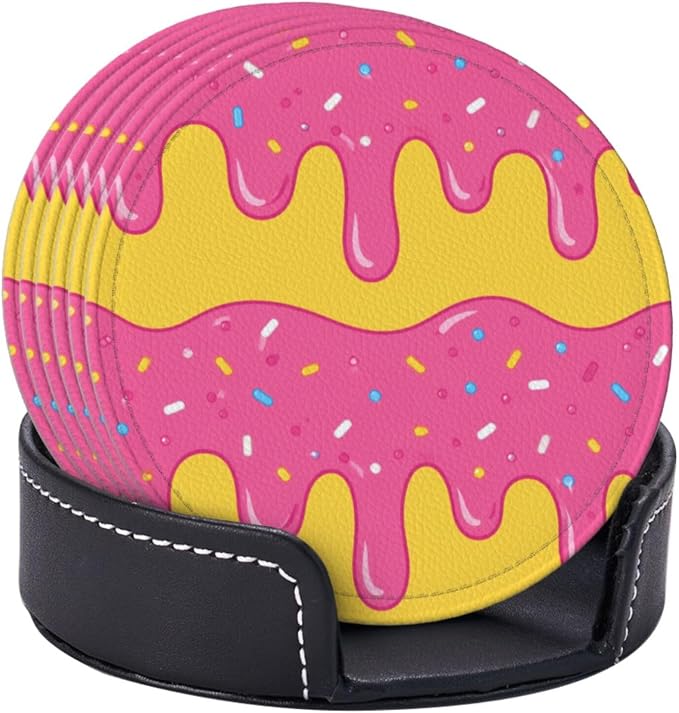 Pop Art Sweet Donut Leather Coasters Set of 6