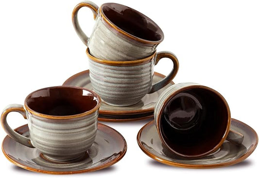 HASENSE Ceramic Tea Cups and Saucers, 8oz Cappuccino Cups Set of 4, Espresso