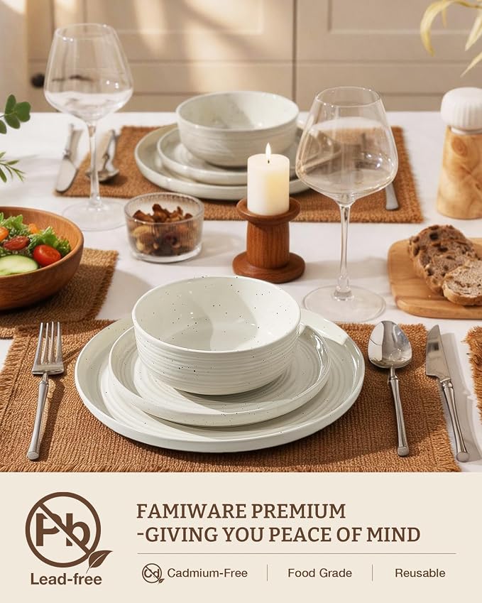 Stoneware Dinnerware Sets for 8, Plates and Bowls, Cream | 24-Piece Ceramic