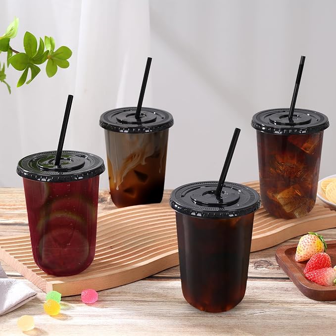 tchrules 100 Set 16oz Black Round Bottom Plastic Cups