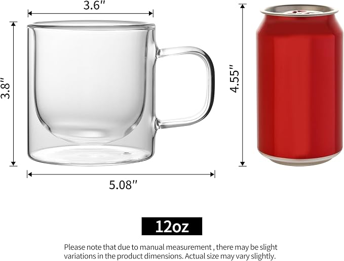 NIRA.Z 12 OZ Double Walled Glass Coffee Mugs Set of 2 Clear Coffee Cups