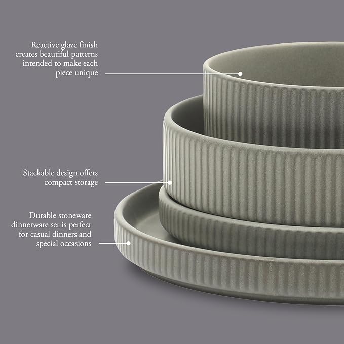 Gibson Elite Deerfield 16-Piece Stoneware Dinnerware Set – Soft Grey Reactive