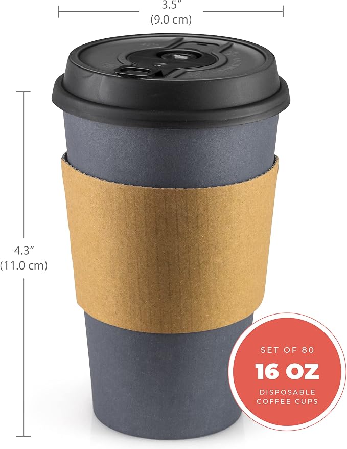 Disposable Coffee Cups With Lids - 16 oz To Go Coffee Cups With Sleeves and