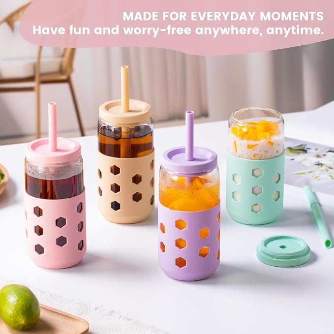 Mrsdry 16 oz Glass Cups with Lids and Straws