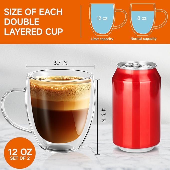 12 Ounces Set of 2 Double Walled Glass Coffee Mugs