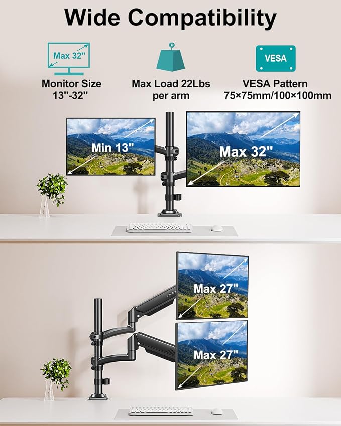 Dual Monitor Stand for Desk, Taller Monitor Arms for 2 Screens up to 32 inch