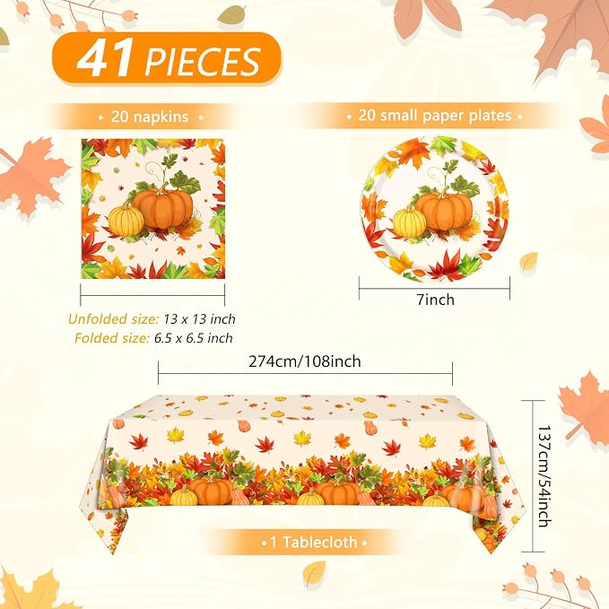 41Pcs Thanksgiving Party Decorations, Fall Paper Plates Napkins Tablecloth