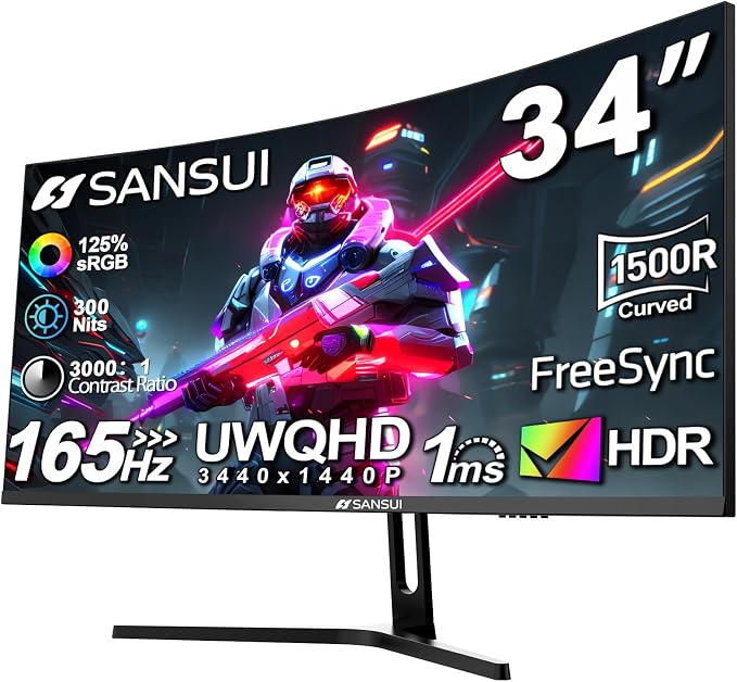 SANSUI 34-Inch Curved Gaming Monitor UWQHD 3440 x 1440 165Hz Curved 1500R