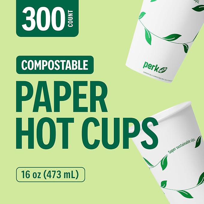Perk Compostable Paper Hot Cups, 16 oz White/Green, Disposable Coffee Cups