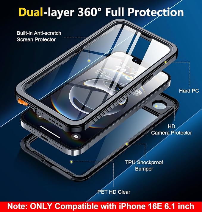 SPIDERCASE for iPhone 16e Case Waterproof, Built-in Screen & Camera Lens