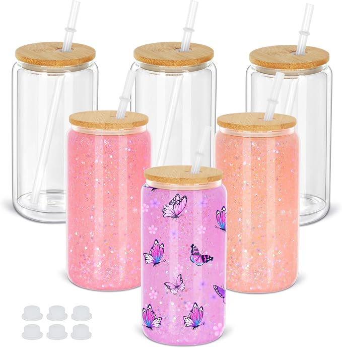 16 Oz Snow Globe Tumbler, 6 Pack Pre-Drilled Sublimation Glass Cup