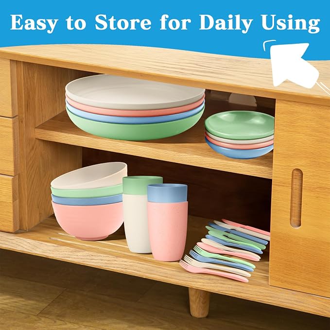 wheat straw bowls, cups and cutlery sets 28 pcs