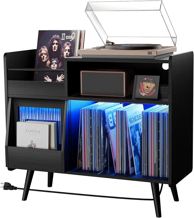 Large Record Player Stand with Sliding Door, 350 Vinyl Record Storage Cabinet