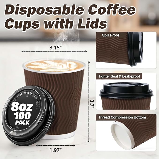 100Pack 8oz Disposable Coffee Cups