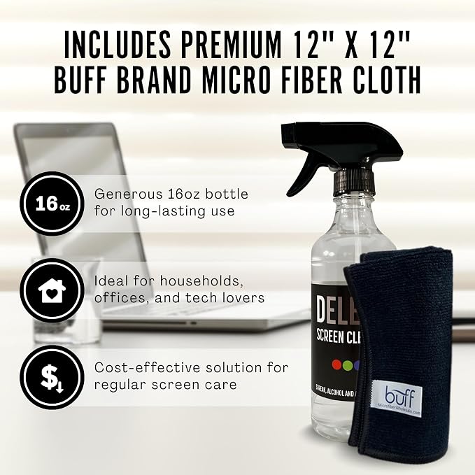 Delete Screen Cleaner Spray Kit, 16oz Bottle and 12"x12" Microfiber Cleaning