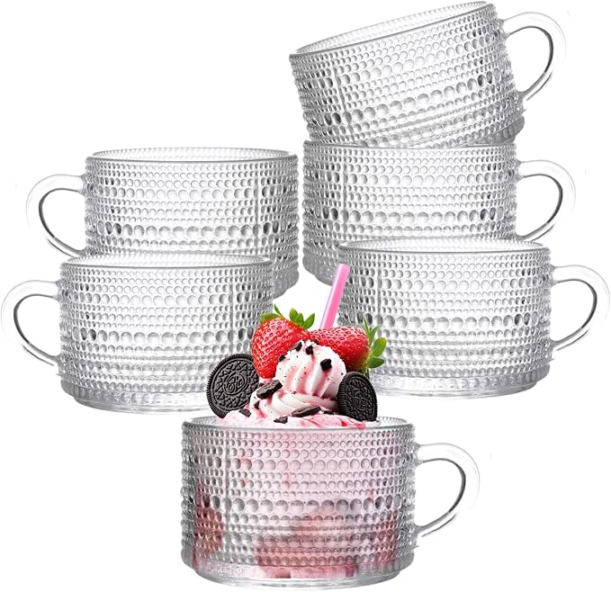 6 Pcs Vintage Coffee Mugs Clear Embossed Glass Cups