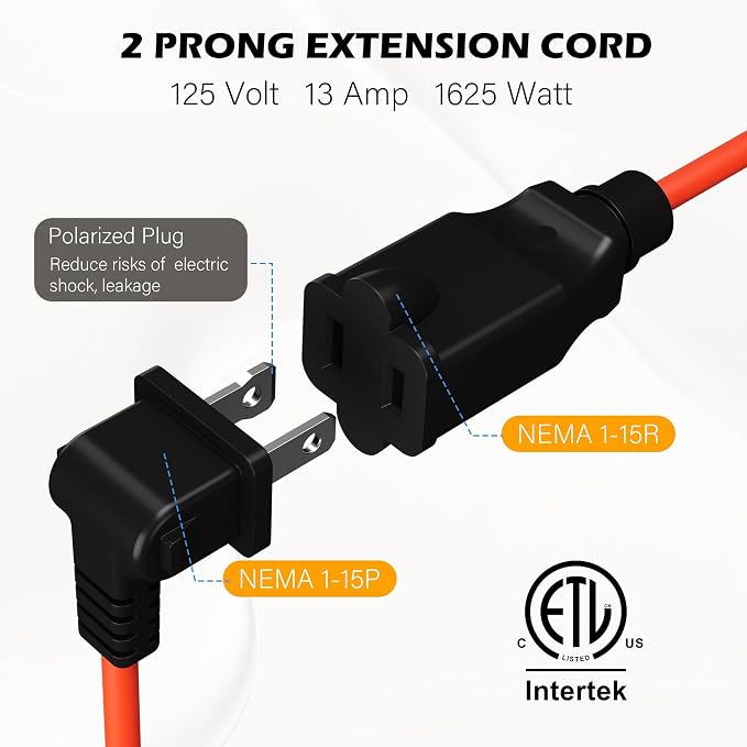 90 Degree 2 Prong Polarized Outdoor Power Extension Cord 125 FT, Angled