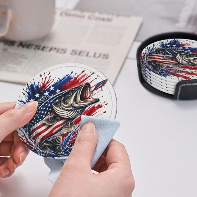 Patriotic Bass Fishing Splash Leather Coasters Set of 6