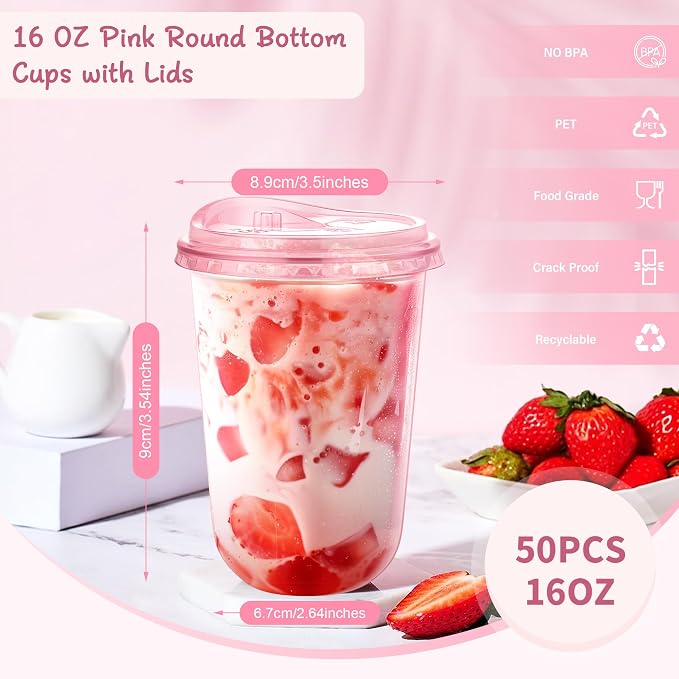 KesaPlan 50 Pack 16 oz Pink Round Bottom Plastic Party Cups