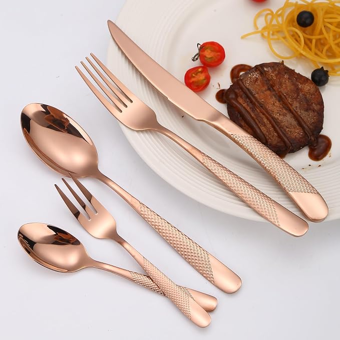 Hammered Flatware Set Copper/Rose Gold Silverware 20 Piece Stainless Steel