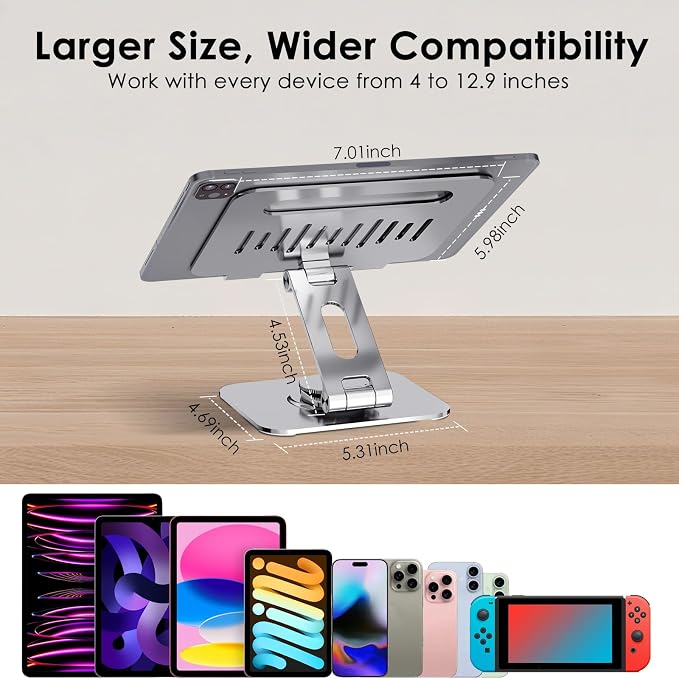 Tablet Stand for Desk, 360° Swivel for iPad Holder, Aluminum Adjustable Tablet