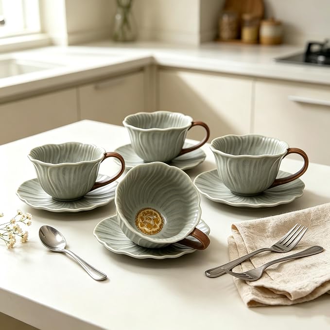 KOOV Latte Cup and Saucer Set of 4, Vintage Hand-Painted 10 oz Ceramic